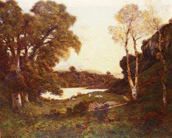 Henri-Joseph Harpignies : Goats Grazing Beside A Lake At Sunset